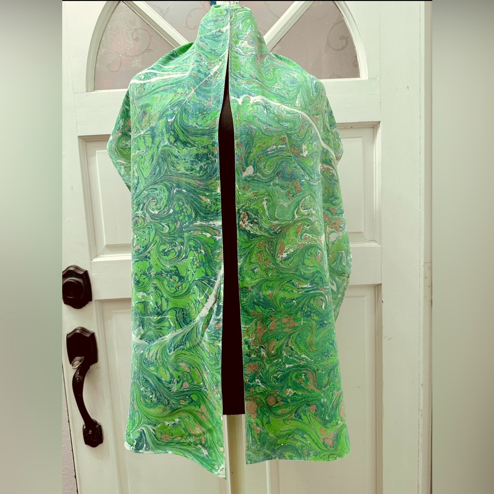 NEW-One of a Kind Hand Marbled 100% Bamboo Rayon Scarf with Swarovskis 13”x 71”